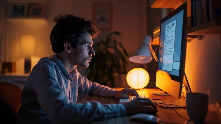 Pessoa trabalhando no computador com iluminação ergonômica para evitar cansaço visual.
