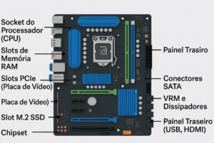 Diagrama detalhado da placa-mãe com legendas dos principais componentes: socket da CPU, slots de RAM, PCIe, M.2 SSD, chipset e painel traseiro