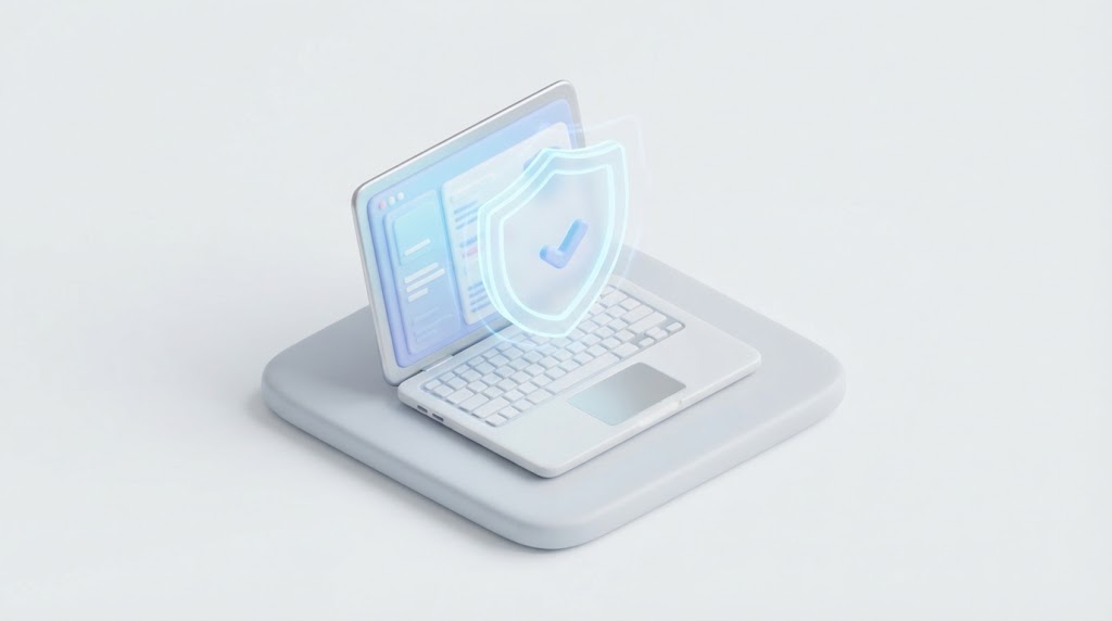 Ilustração 3D minimalista de um escudo digital azul flutuando na frente de um laptop moderno, simbolizando a segurança do Windows Defender e um antivírus leve para pc.