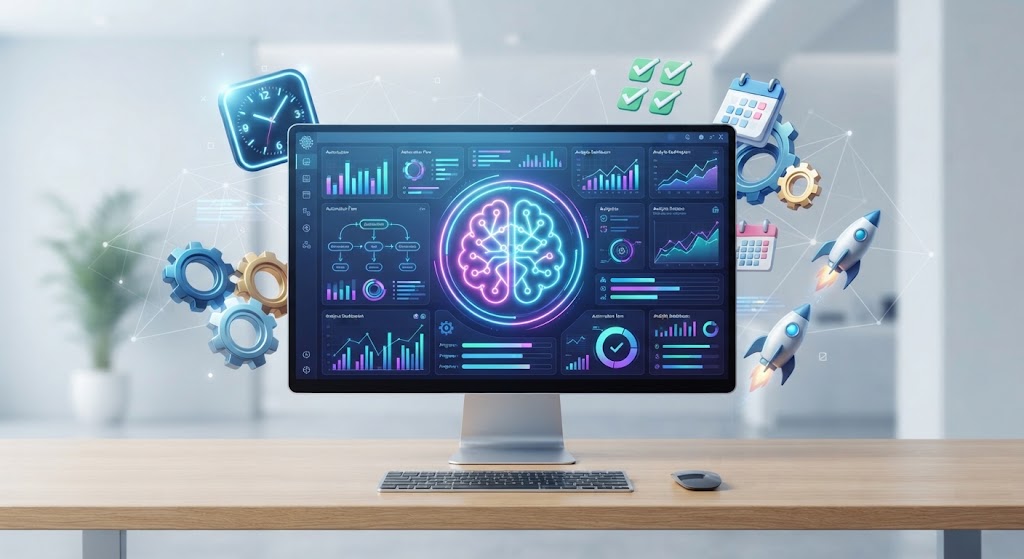 Ilustração conceitual de inteligência artificial no trabalho mostrando uma tela de computador com gráficos de produtividade, automação de tarefas e elementos digitais flutuantes
