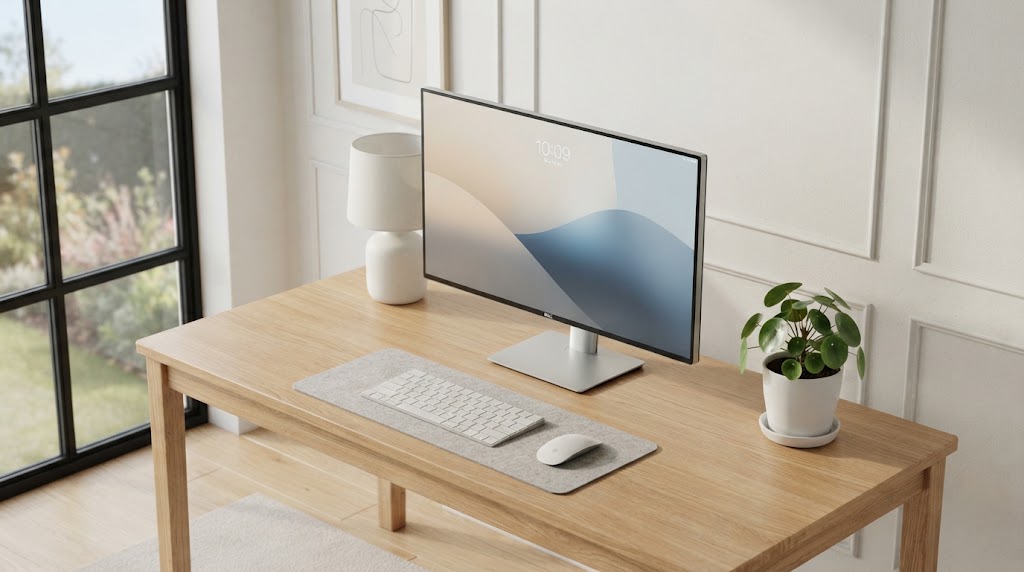 Mesa de trabalho minimalista com foco em como organizar o pc