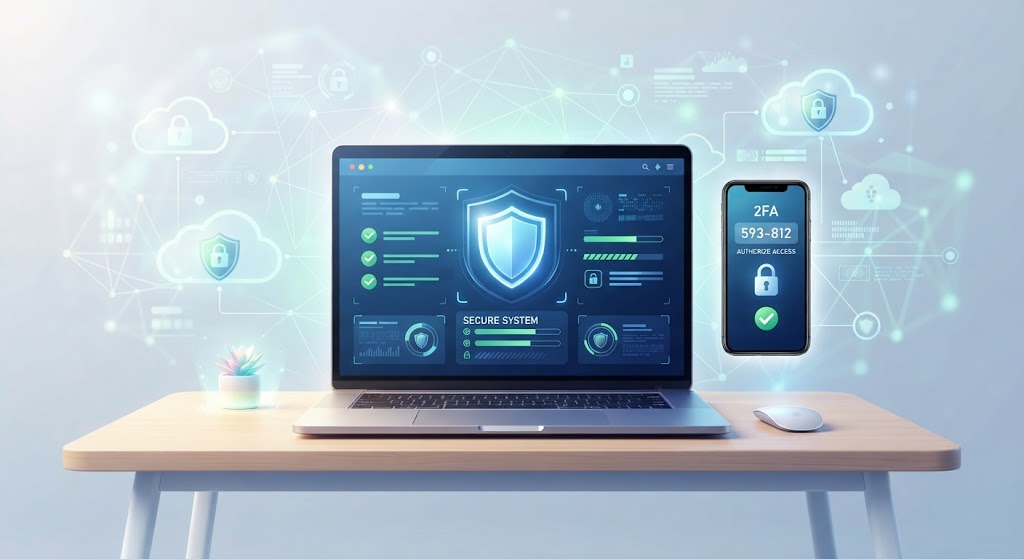 Ilustração conceitual moderna de segurança do pc exibindo um notebook com ícone de escudo verde, autenticação em duas etapas no celular e backup em nuvem ao fundo