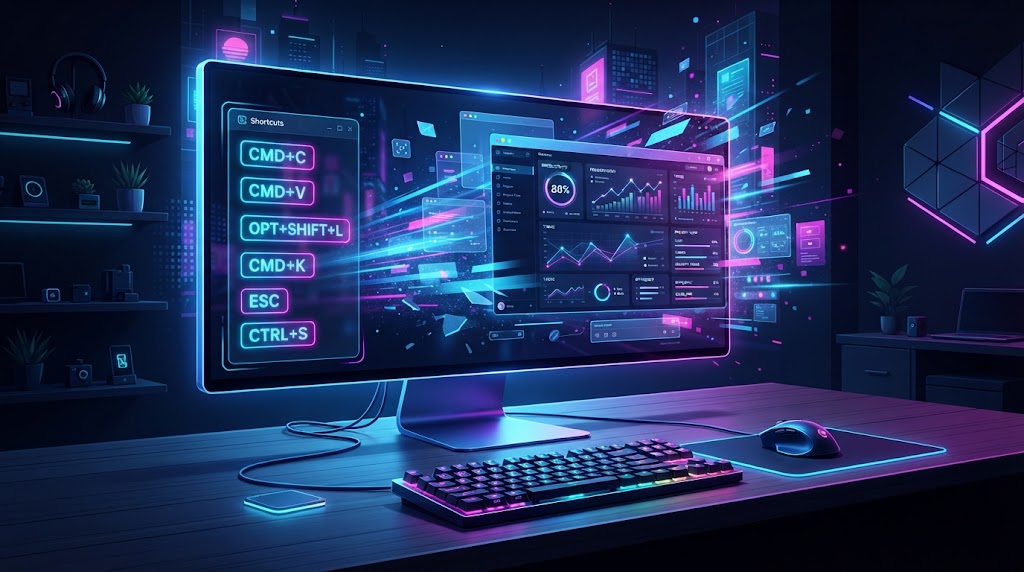 Ilustração moderna de uma mesa de trabalho com monitor mostrando atalhos ocultos do Windows brilhando em estilo neon