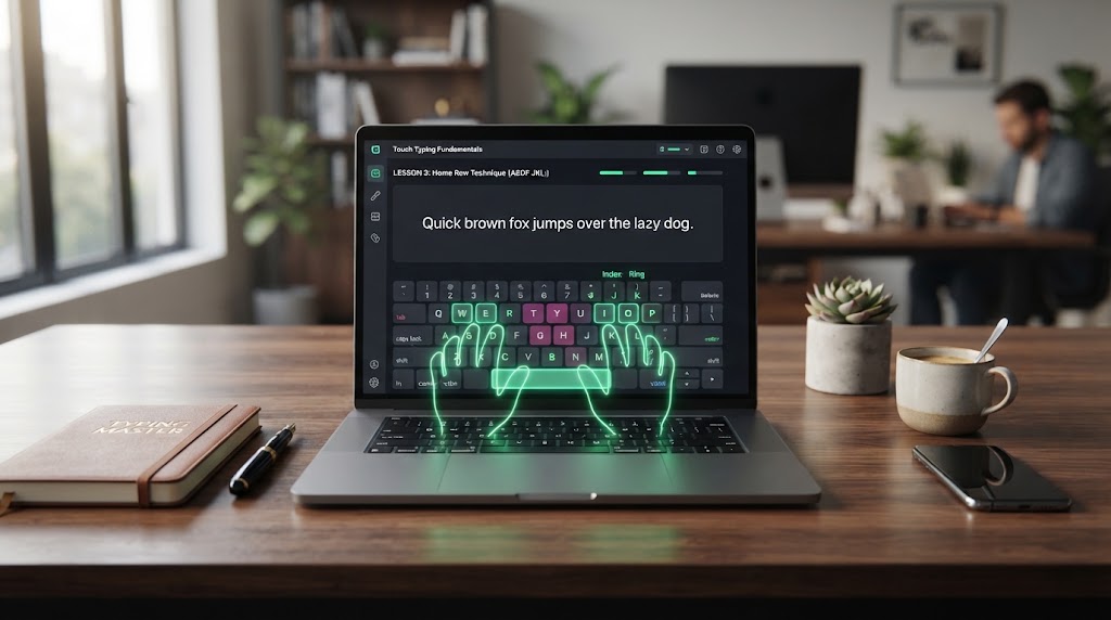 Tela de computador exibindo aulas de digitação online com guias de posicionamento das mãos