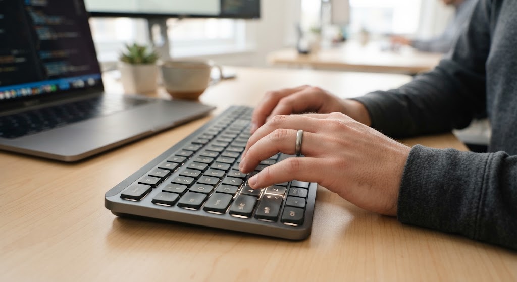 Mãos usando atalhos de como digitar interrogação no teclado de forma rápida