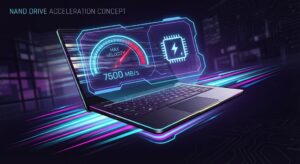 Ilustração conceitual de um notebook acelerando com linhas de velocidade neon, representando o ganho de desempenho ao usar um SSD