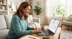 Uma pessoa de meia-idade sorrindo enquanto usa um notebook em uma mesa organizada, com o menu lateral do Copilot aberto exibindo sugestões de tarefas cotidianas.