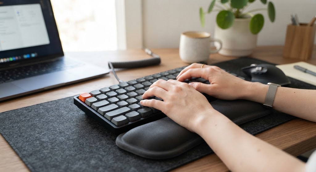Pessoa praticando exercícios de digitação online com postura correta das mãos