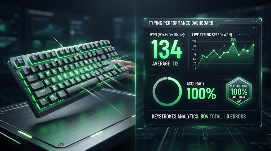 Exercícios de digitação práticos em um teclado de computador com painel de velocidade