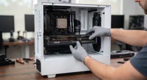 Técnico instalando uma placa de vídeo no slot da placa-mãe de um PC, garantindo a compatibilidade das peças