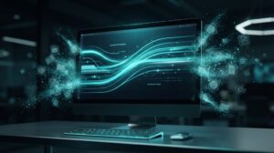 Interface de computador limpa com ícones de aplicativos se desfazendo em poeira digital, representando a remoção completa de resíduos