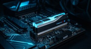 Pente de memória RAM moderno com luzes azuis instalado em uma placa-mãe de computador