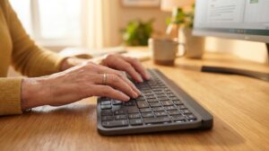 Aproximação em close de uma pessoa idosa digitando no teclado de um computador com segurança