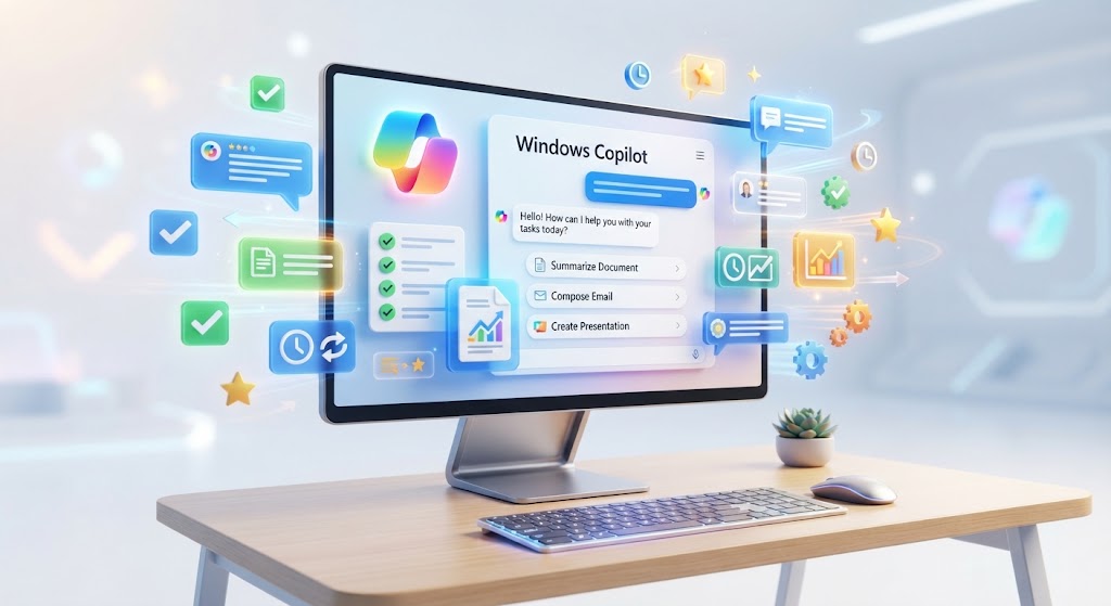 Ilustração moderna mostrando a tela de um computador com o logotipo colorido do Copilot no Windows e ícones flutuantes de produtividade ao redor