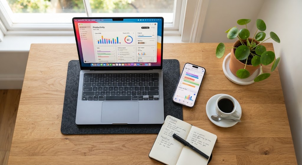 Estratégias de organização de rotina e apps em uma mesa de trabalho moderna