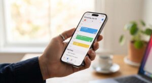 Pessoa utilizando celular para organização de rotina e apps de produtividade