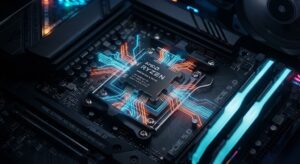 Circuito interno de um processador de computador moderno brilhando com luzes de dados conceituais