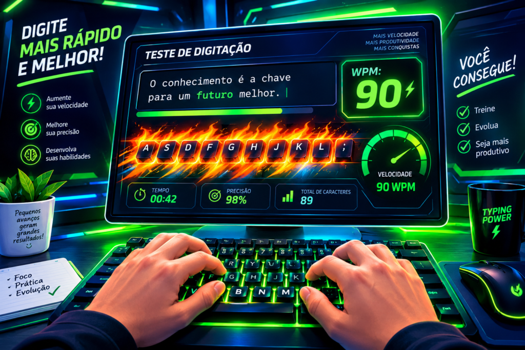 Painel virtual de teste de digitação online medindo velocidade de palavras por minuto