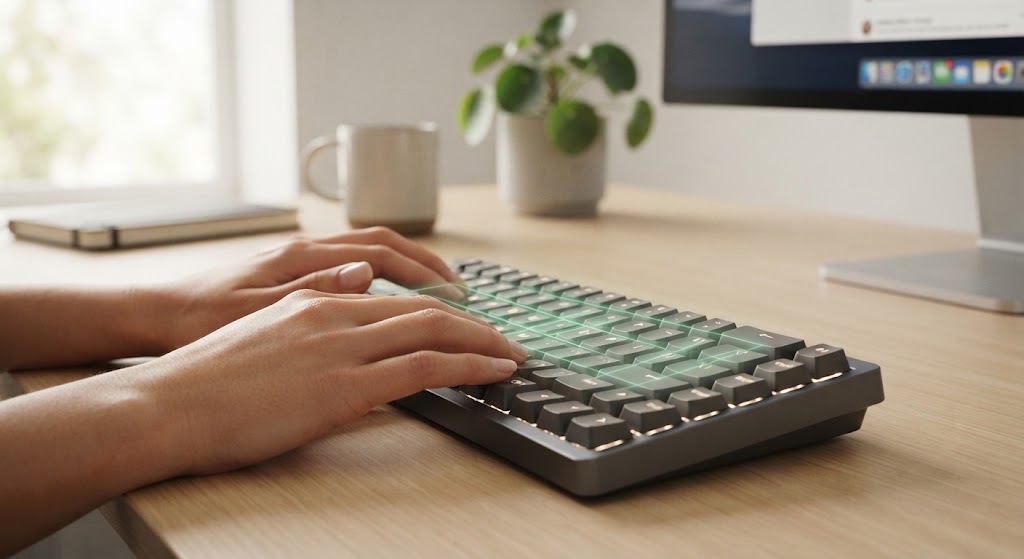 Posicionamento correto das mãos no teclado durante exercícios de digitação